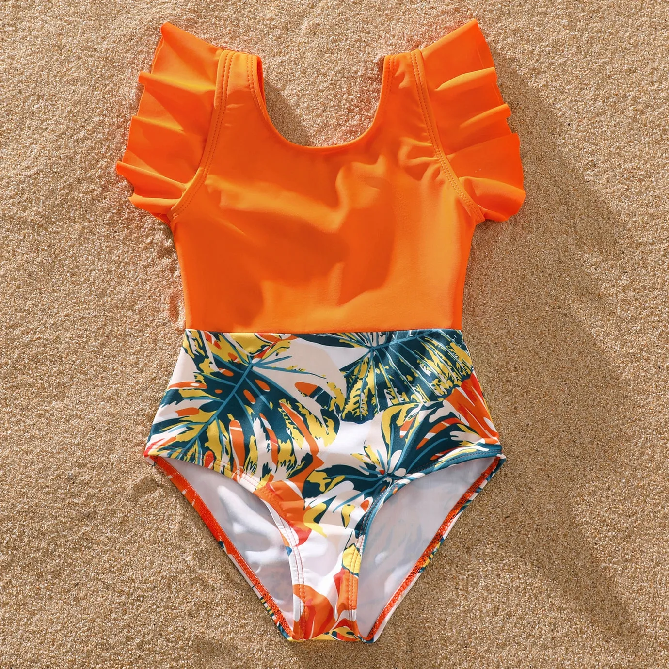 Family Matching Orange Ruffle Swimsuit and Swim Trunks Short