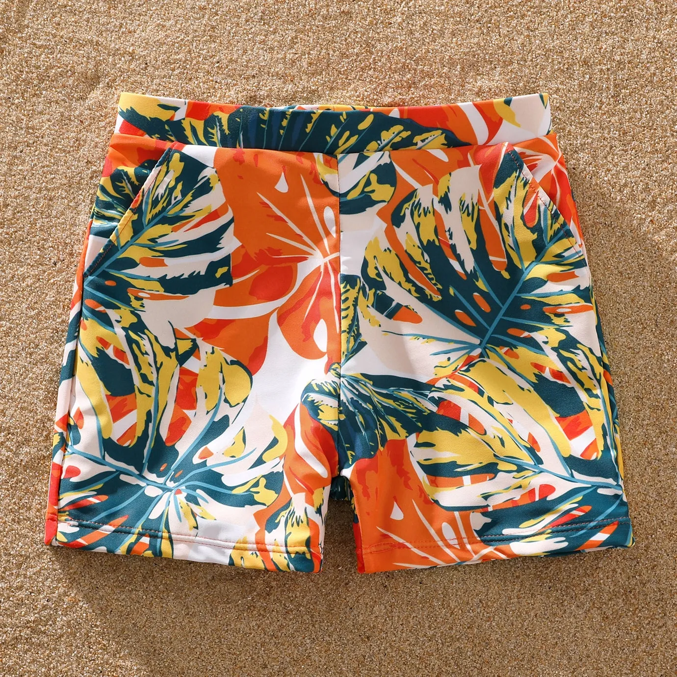 Family Matching Orange Ruffle Swimsuit and Swim Trunks Short