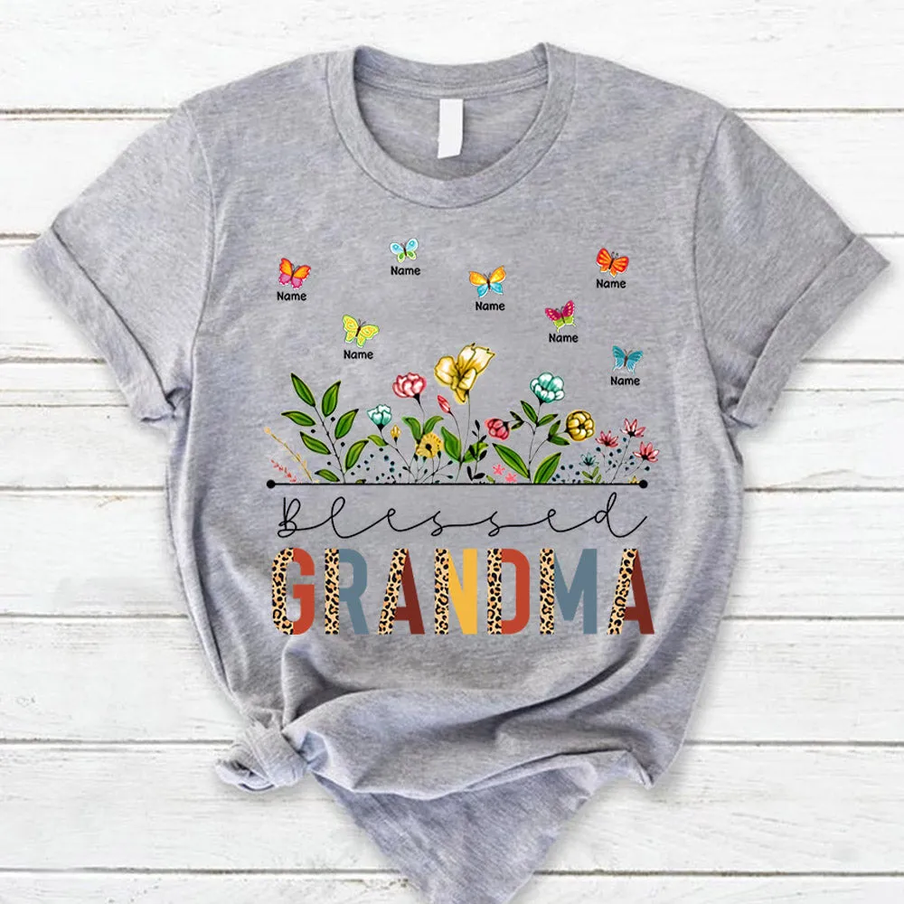Personalized Blessed Grandma Mimi Nana Retro Leopard Wildflowers & Butterflies Shirts For Grandma