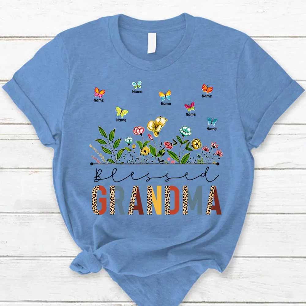 Personalized Blessed Grandma Mimi Nana Retro Leopard Wildflowers & Butterflies Shirts For Grandma
