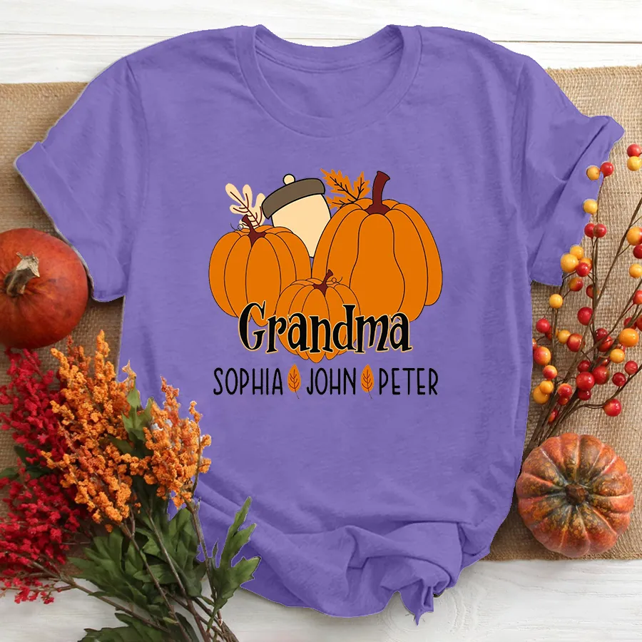 Personalized Fall Pumpkin Grandma and Kids Shirt, Custom Mimi Fall Shirt and Grandkids Names, Mama with Pumpkins Halloween T-Shirt