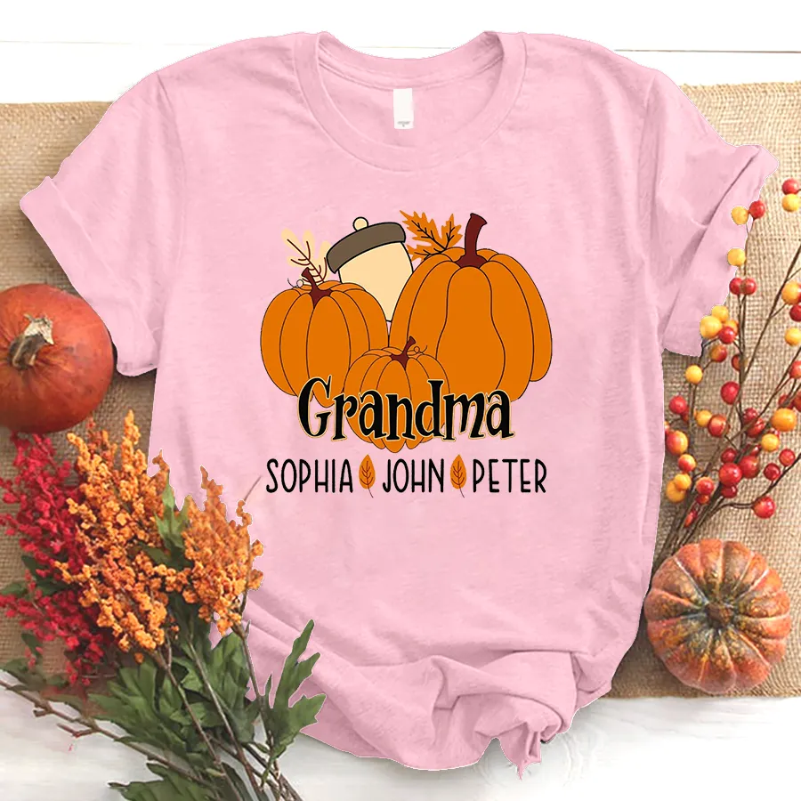 Personalized Fall Pumpkin Grandma and Kids Shirt, Custom Mimi Fall Shirt and Grandkids Names, Mama with Pumpkins Halloween T-Shirt
