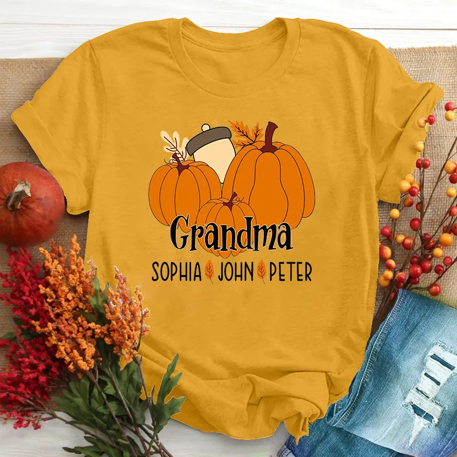 Personalized Fall Pumpkin Grandma and Kids Shirt, Custom Mimi Fall Shirt and Grandkids Names, Mama with Pumpkins Halloween T-Shirt