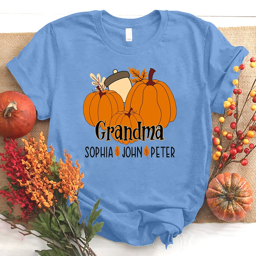 Personalized Fall Pumpkin Grandma and Kids Shirt, Custom Mimi Fall Shirt and Grandkids Names, Mama with Pumpkins Halloween T-Shirt
