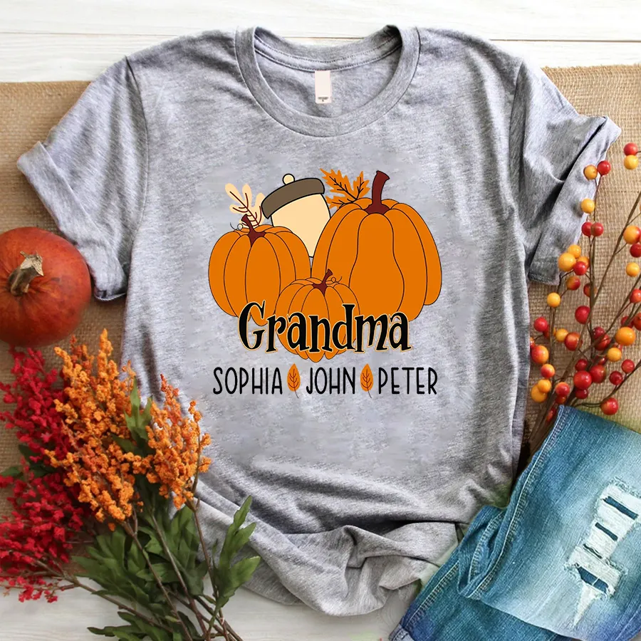 Personalized Fall Pumpkin Grandma and Kids Shirt, Custom Mimi Fall Shirt and Grandkids Names, Mama with Pumpkins Halloween T-Shirt