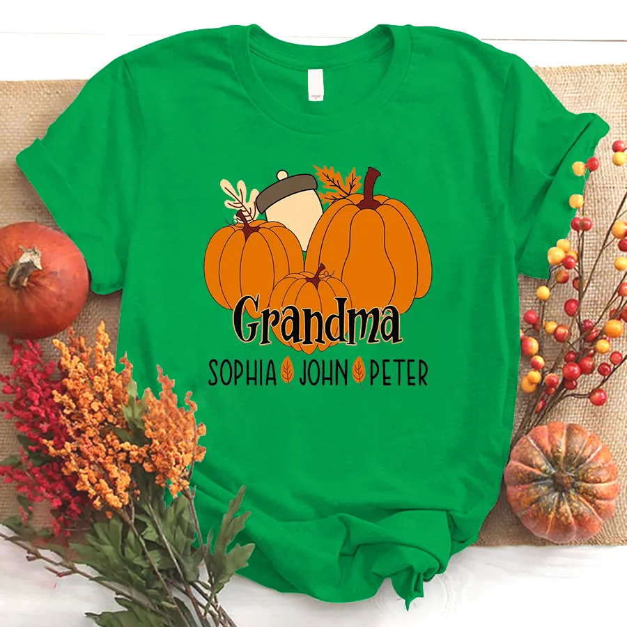 Personalized Fall Pumpkin Grandma and Kids Shirt, Custom Mimi Fall Shirt and Grandkids Names, Mama with Pumpkins Halloween T-Shirt
