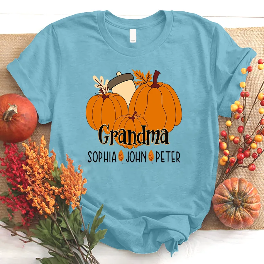 Personalized Fall Pumpkin Grandma and Kids Shirt, Custom Mimi Fall Shirt and Grandkids Names, Mama with Pumpkins Halloween T-Shirt