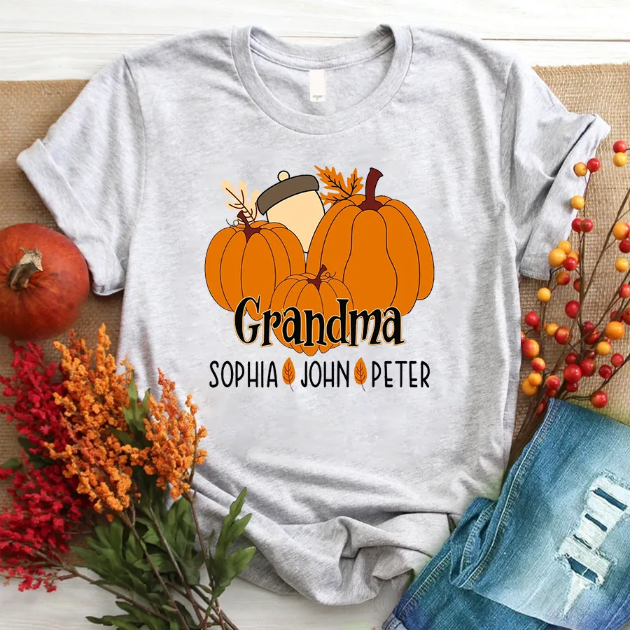 Personalized Fall Pumpkin Grandma and Kids Shirt, Custom Mimi Fall Shirt and Grandkids Names, Mama with Pumpkins Halloween T-Shirt