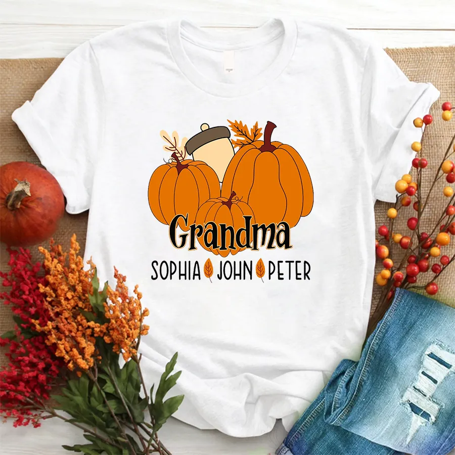 Personalized Fall Pumpkin Grandma and Kids Shirt, Custom Mimi Fall Shirt and Grandkids Names, Mama with Pumpkins Halloween T-Shirt