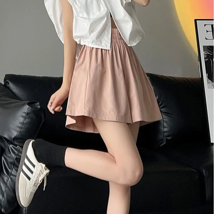 Slimming Thin Casual High-Waisted Loose Fit A-Line Elastic Washed Cotton Workwear Shorts
