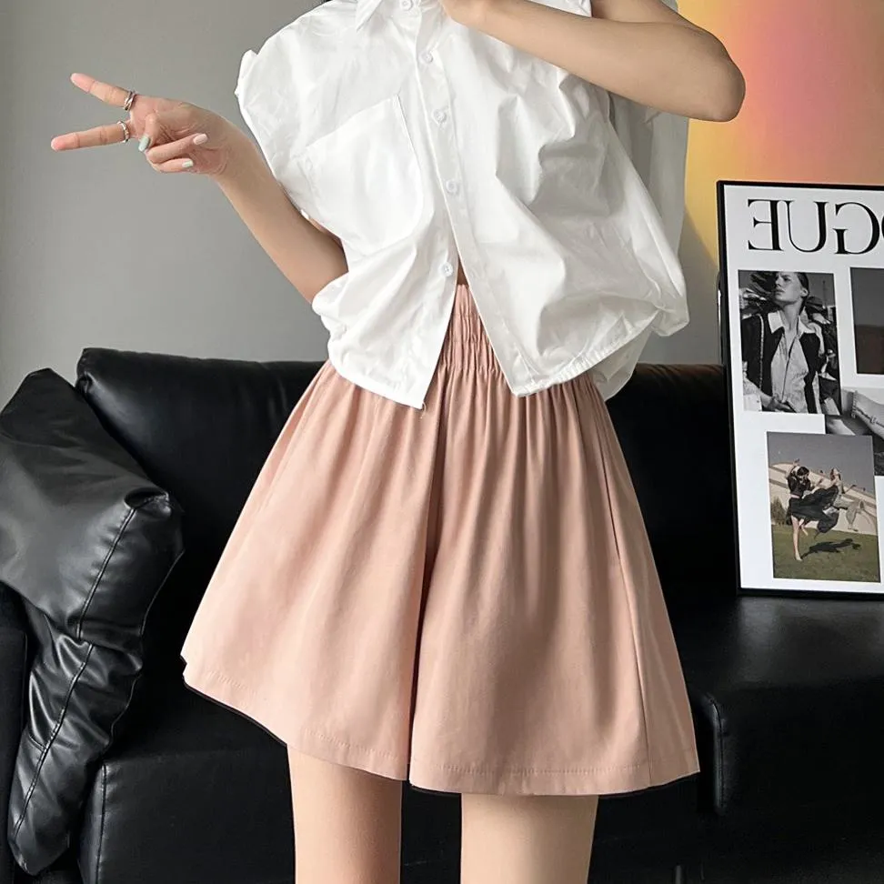 Slimming Thin Casual High-Waisted Loose Fit A-Line Elastic Washed Cotton Workwear Shorts