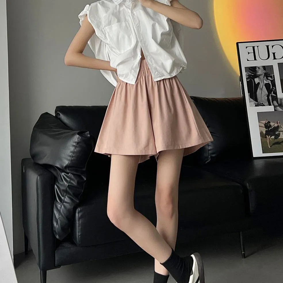 Slimming Thin Casual High-Waisted Loose Fit A-Line Elastic Washed Cotton Workwear Shorts