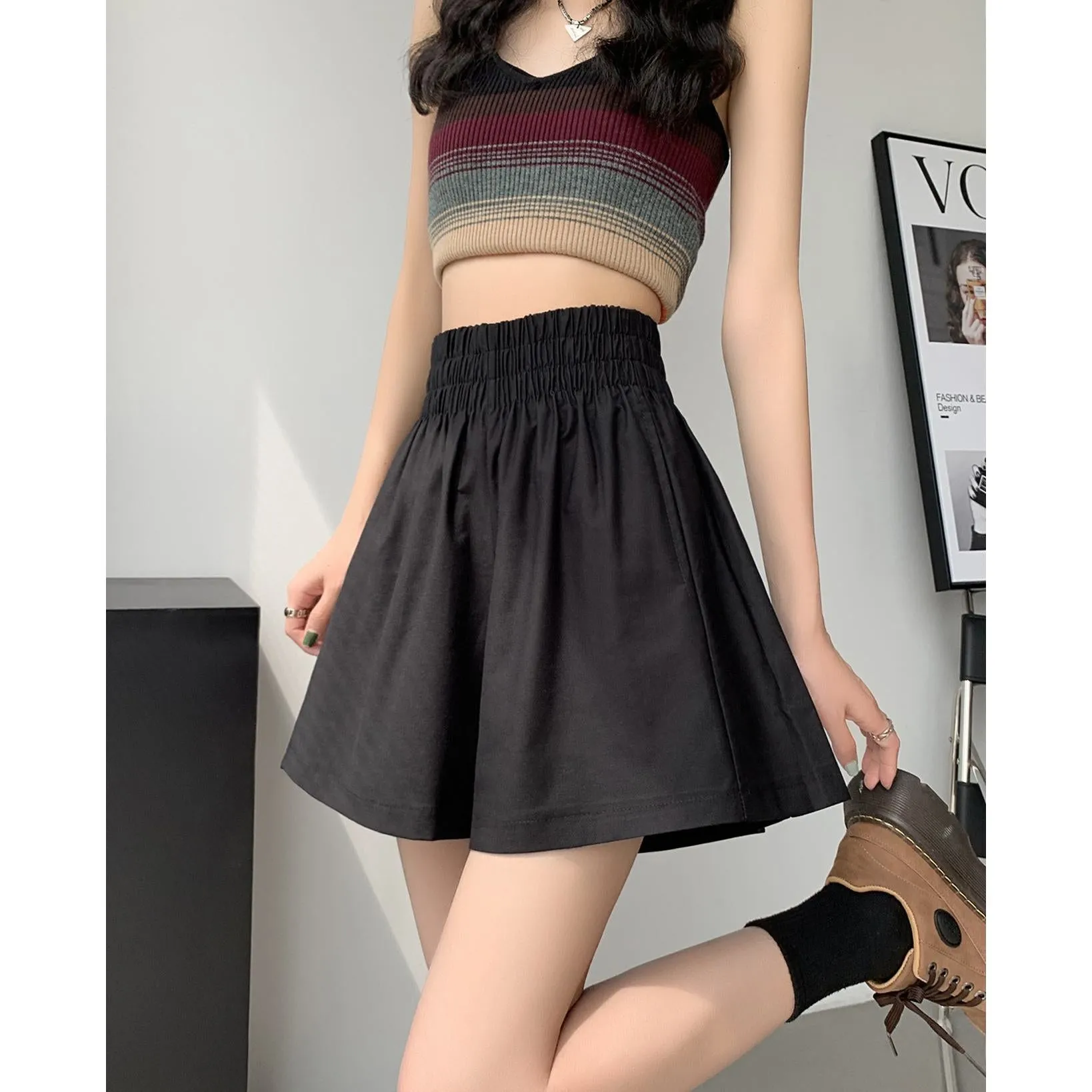Slimming Thin Casual High-Waisted Loose Fit A-Line Elastic Washed Cotton Workwear Shorts