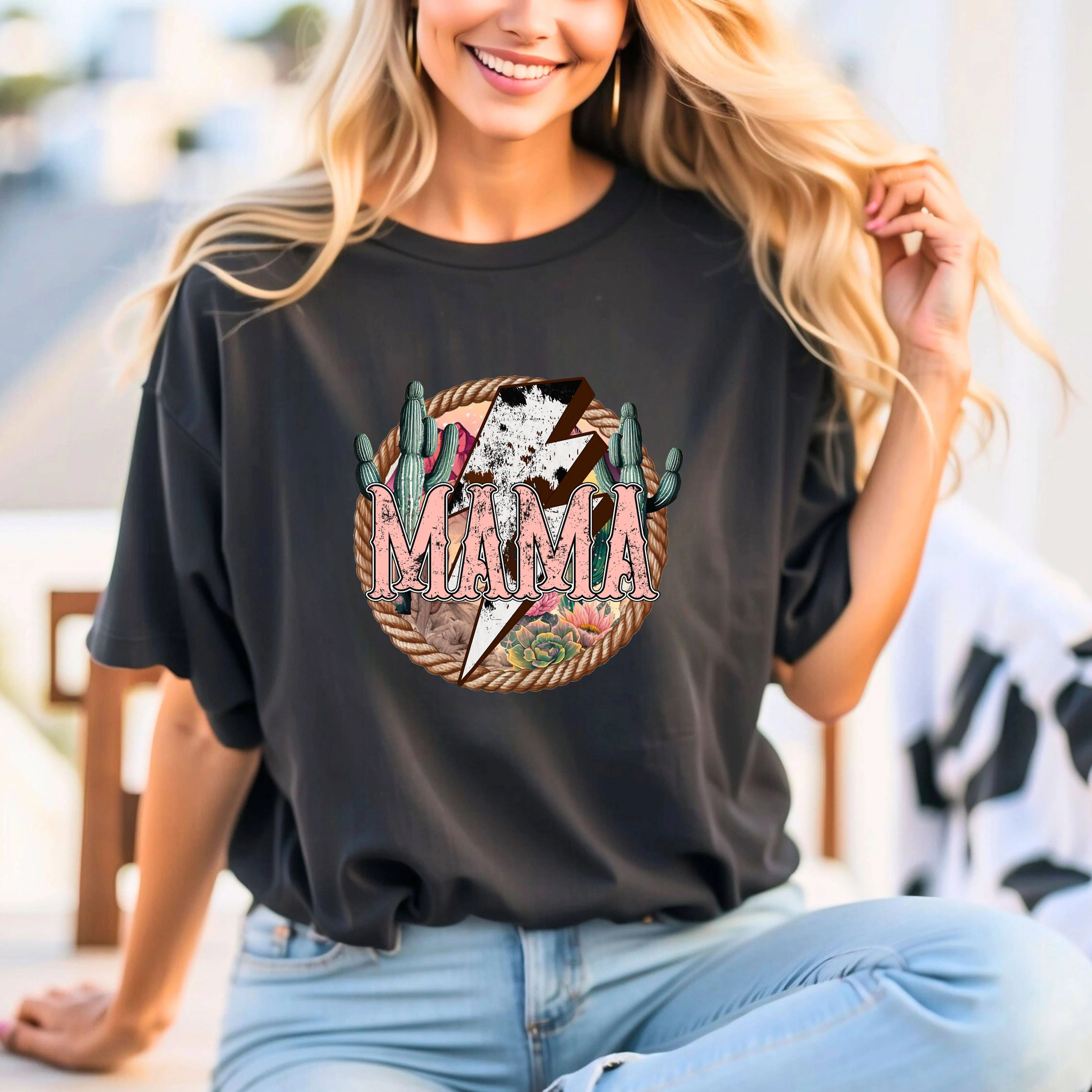 Western MAMA Retro Lightning Bolt Cowgirl Graphic Tshirts