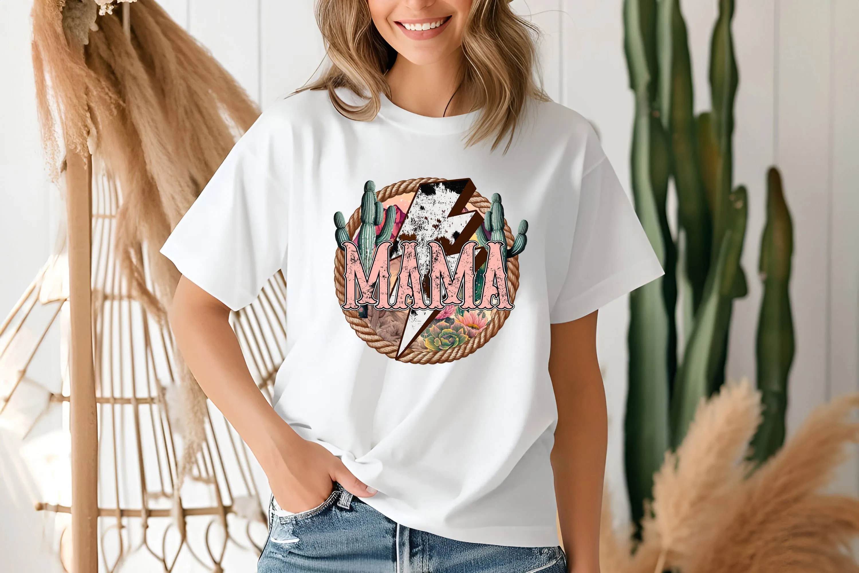 Western MAMA Retro Lightning Bolt Cowgirl Graphic Tshirts