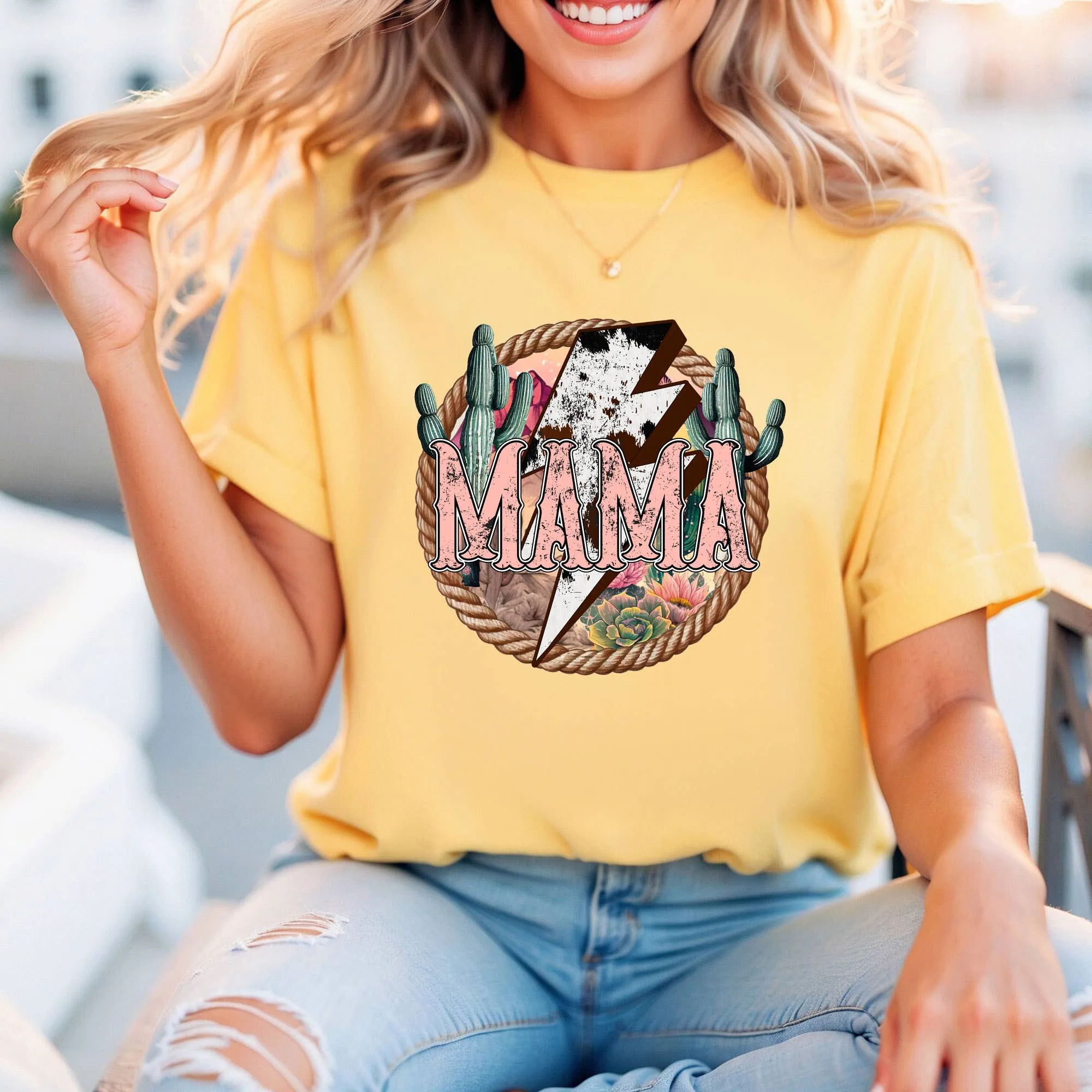 Western MAMA Retro Lightning Bolt Cowgirl Graphic Tshirts