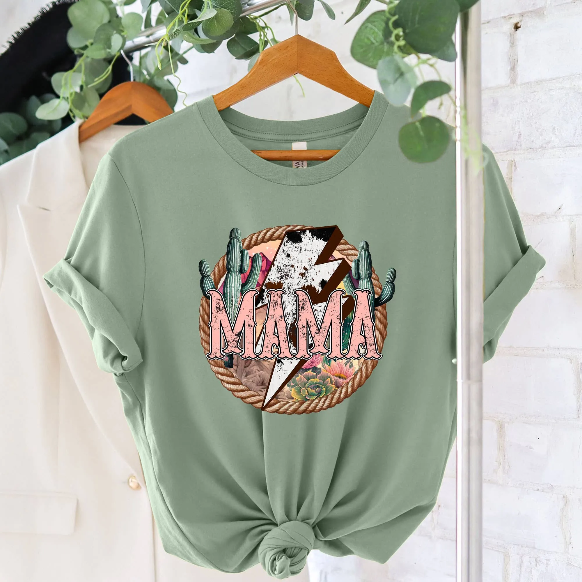 Western MAMA Retro Lightning Bolt Cowgirl Graphic Tshirts