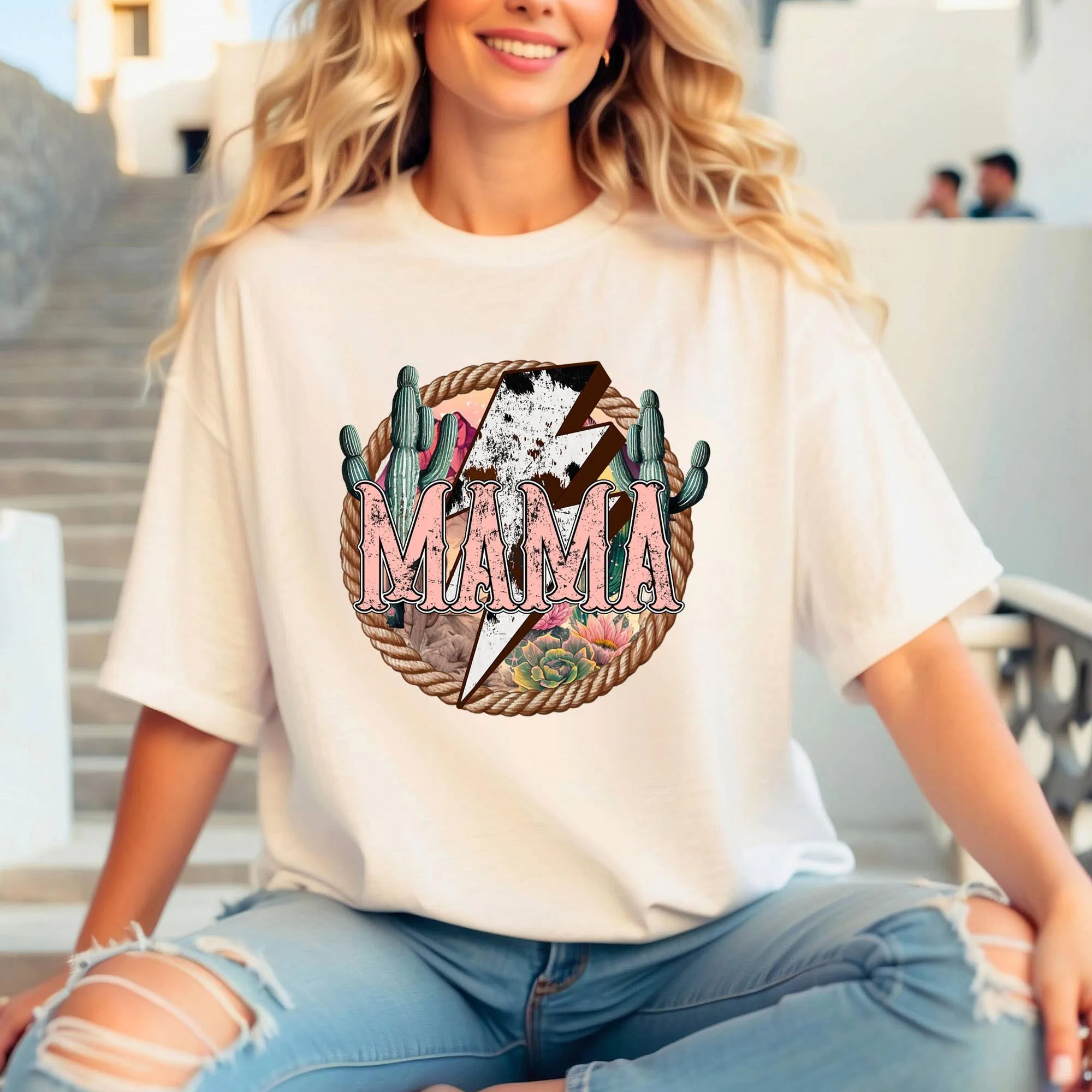 Western MAMA Retro Lightning Bolt Cowgirl Graphic Tshirts