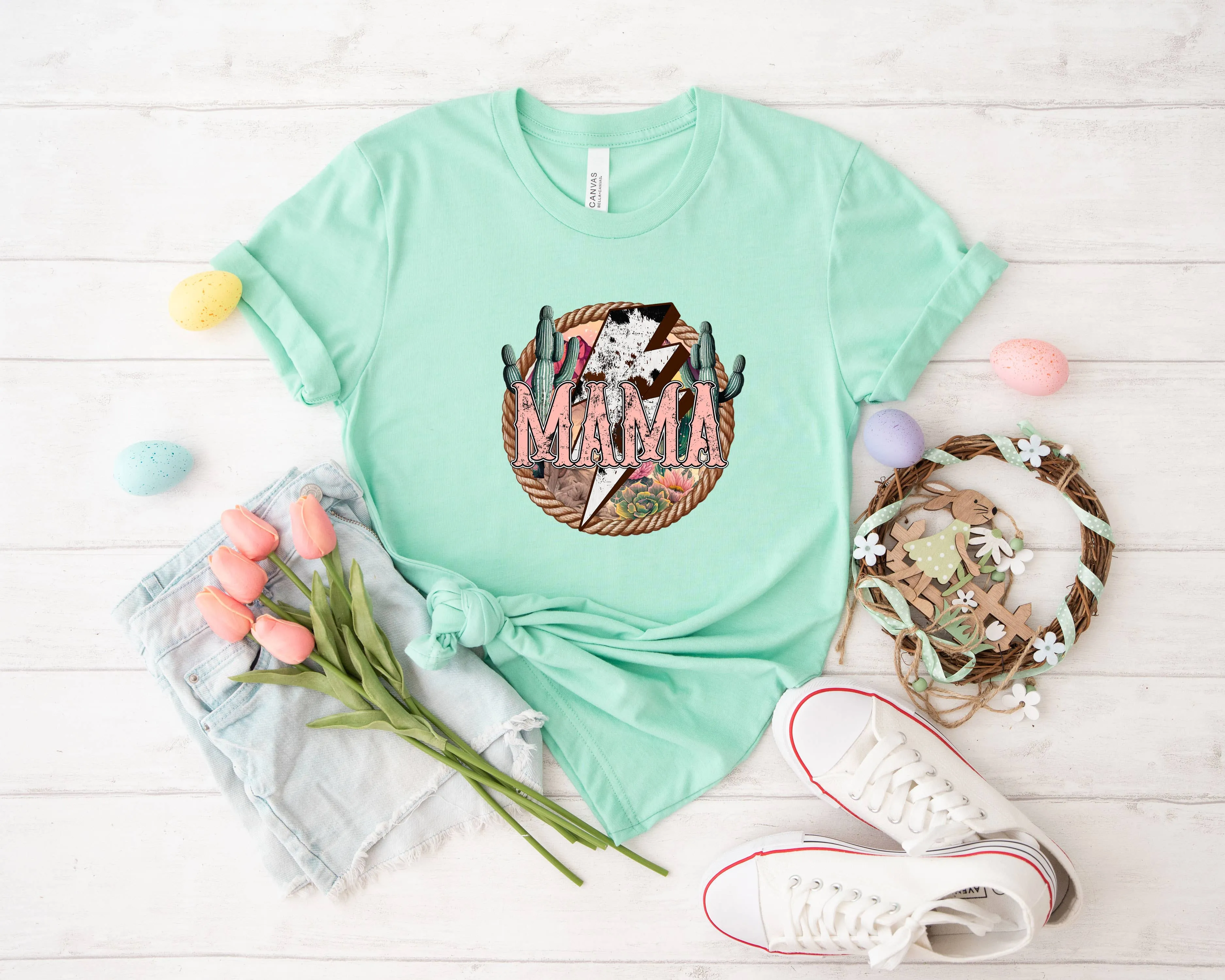 Western MAMA Retro Lightning Bolt Cowgirl Graphic Tshirts