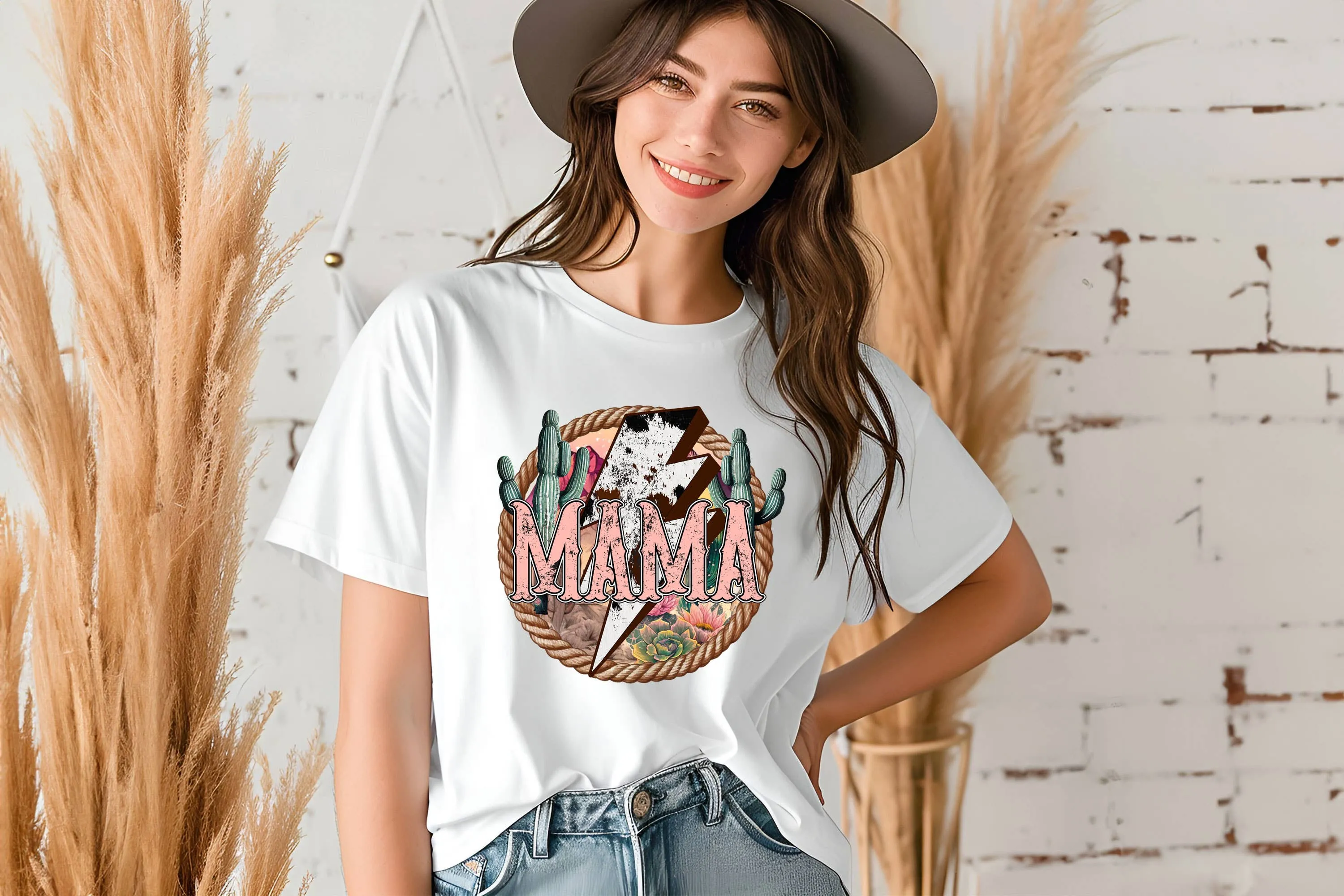 Western MAMA Retro Lightning Bolt Cowgirl Graphic Tshirts